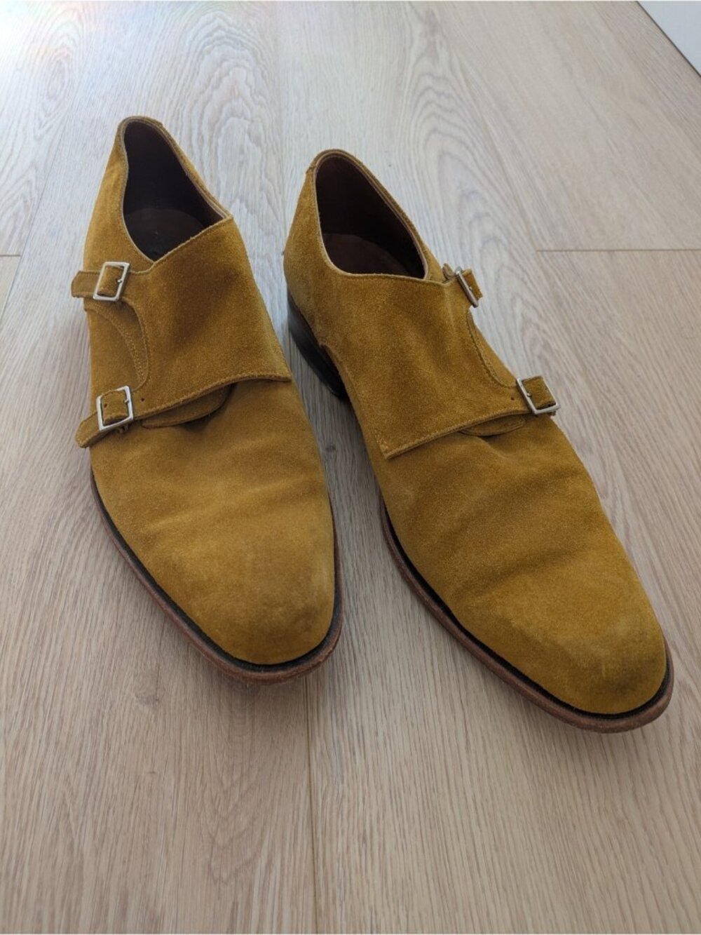 Fluevog Twin Turbine 205 Pine Street Mustard Suede Men US 11.5 Double Monk Strap